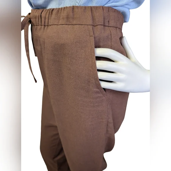 Hannah Canvas 100% Linen Brown Pants |  Elastic Waist Straight Leg | XL - Picture 7 of 9